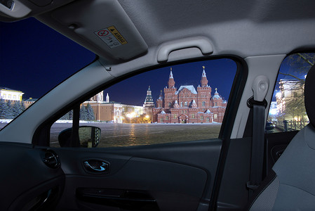 晚上，莫斯科，俄罗斯，车窗可以看到红场