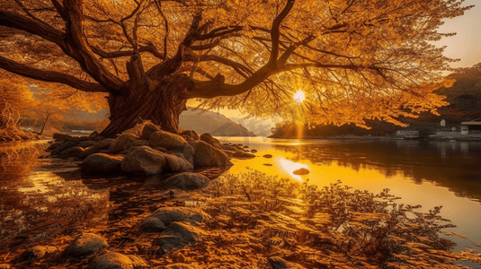西湖畔太阳下的老树