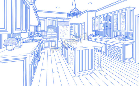 白底蓝色摄影照片_白底蓝色定制厨房设计图