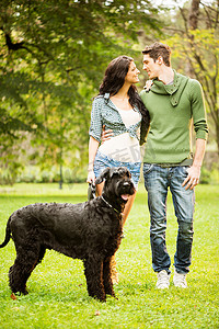 雪纳瑞摄影照片_年轻夫妇与巨型雪纳瑞犬