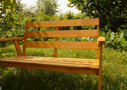 木家具摄影照片_夏季花园中用于庭院设计的木凳、天然木家具