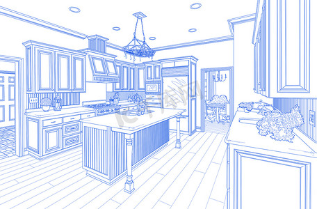 白底蓝色摄影照片_白底蓝色定制厨房设计图