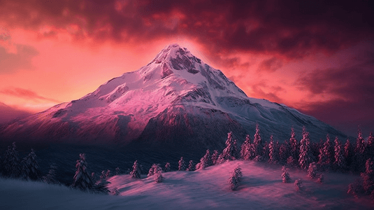 天空粉色摄影照片_粉色天空下白雪覆盖的山