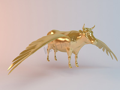 金色 3D 飞行动物牛