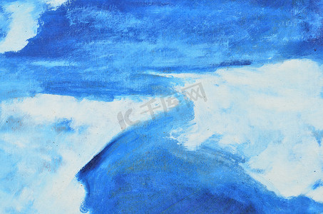 冬天水彩摄影照片_画布上蓝色和白色水彩笔触的背景。