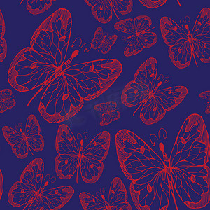 无缝的抽象图案背景与飞翔的手绘蝴蝶。