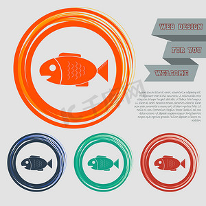 红色、蓝色、绿色、橙色按钮上的鱼图标为您的网站和带有空格文本的设计。