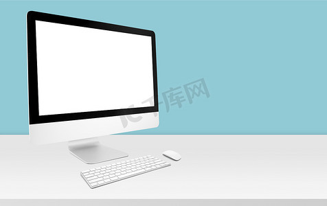 模型台式计算机在办公室的办公桌上显示空白屏幕，工作区与模型计算机屏幕为空和键盘，鼠标，在家里的桌子上复制空间，业务演示概念。
