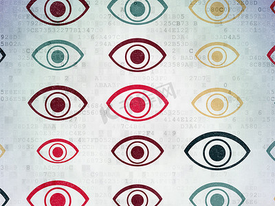 眼睛图标摄影照片_隐私的概念： 数码纸背景上的眼睛图标