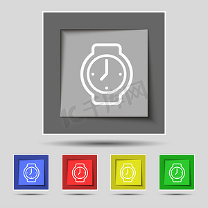 图标速度摄影照片_手表图标标志在原始的五个彩色按钮上。