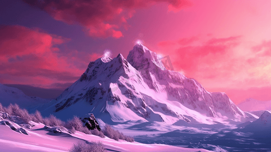天空粉色摄影照片_白雪覆盖的山，背景是粉色的天空