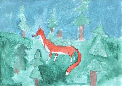 彩绘森林摄影照片_儿童画——森林里的狐狸