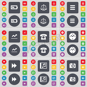 电池、秤、应用程序、图形、复古手机、时钟、倒带、音乐窗口、相机图标符号。