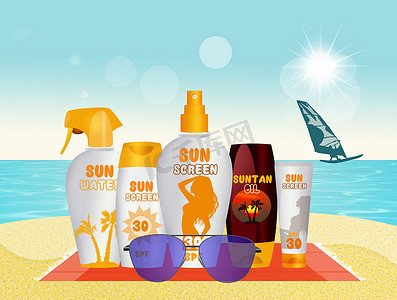 晒水摄影照片_沙滩上防晒霜、乳液和水太阳能的防晒套装