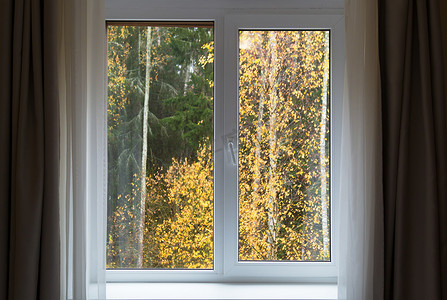 秋日摄影照片_带窗台和秋景的白窗，秋日带窗的室内