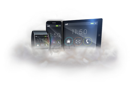 云上带平板电脑和智能手机的未来派黑色腕表
