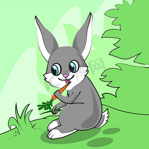 可爱的卡通兔子在草地上吃胡萝卜。