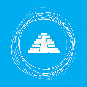 埃及元素摄影照片_蓝色背景上的金字塔图标，周围有抽象圆圈，并为您的文本放置。
