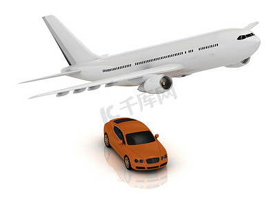 汽车天线摄影照片_白色客机和橙色汽车