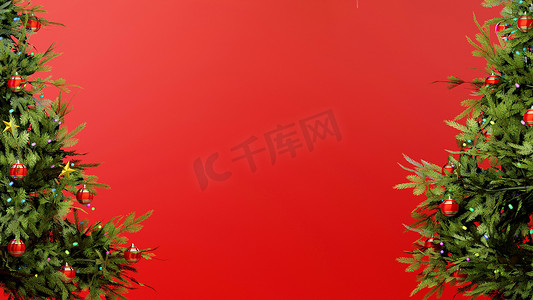 明信片模板摄影照片_圣诞季明信片模板有红色背景和两侧的树木。
