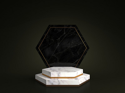 三金摄影照片_黑色背景、六边形金框、纪念板、六边形台阶、抽象最小概念、空白空间、简洁设计、豪华简约模型的白色大理石基座的 3d 渲染
