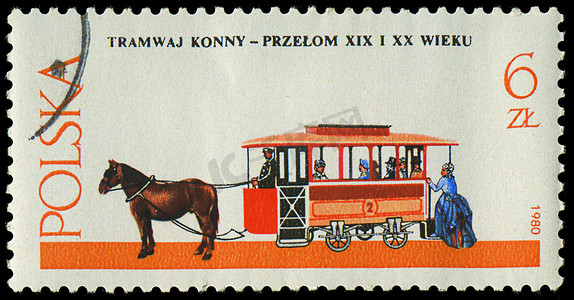 波兰 — CIRCA 1980：波兰印制的邮票，展示古董电车和马车夫，大约 1980 年