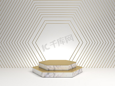 白色背景、六边形金框、纪念板、六边形台阶、抽象最小概念、空白空间、干净设计、豪华简约模型的白色大理石基座的 3d 渲染
