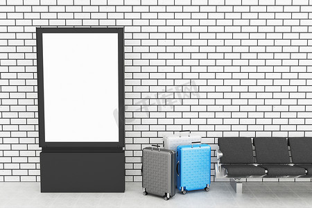旅行箱广告摄影照片_3d 空白广告牌架和旅行箱。