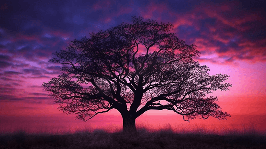 一棵树的剪影映衬着紫色和粉色的天空