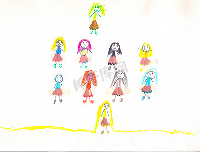 十个不同头发和裙子的女孩，儿童画