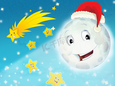 夜晚的卡通笑月与星星-圣诞朋友-儿童插画