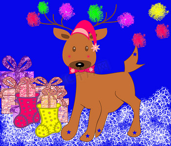 带礼物和香肠的圣诞快乐鹿