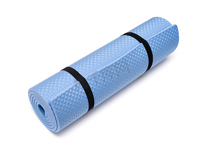 锻炼的蓝色瑜伽垫，隔绝在白色背景。