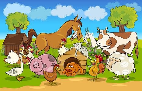 卡通农村场景与农场动物