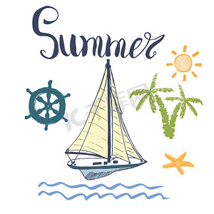 游艇图标摄影照片_夏季矢量插图、游艇、锚、海军物品和刻字。