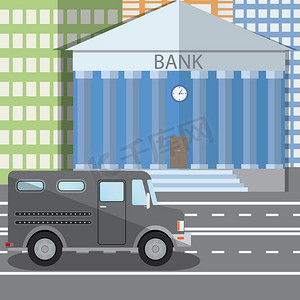 平面设计矢量图的银行大楼和停放的防弹装甲卡车在平面设计风格，矢量图