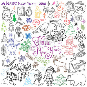 手绘素描设计的新年快乐 2016 涂鸦与刻字集，圣诞树雪花，雪人，精灵，鹿，圣诞老人和节日元素，矢量插图隔离