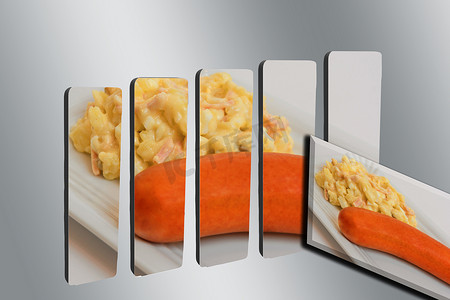 土豆沙拉配 3D 条形图上的香肠