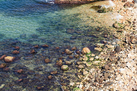 浅海水背景中带绿色苔藓的彩色岩石