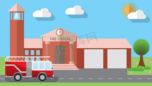 火矢量摄影照片_平面设计矢量图的消防站大楼和停放的消防车在平面设计风格，矢量图