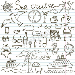手绘鸡尾酒摄影照片_纸质笔记本上的手绘草图海上巡航涂鸦矢量插图旅行和夏季元素