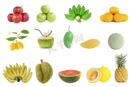 苹果榴莲摄影照片_白色背景上的一组新鲜水果。