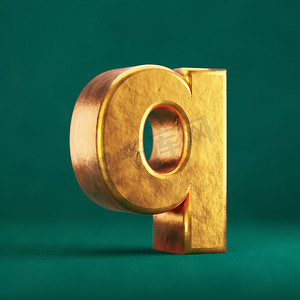 福字摄影照片_潮水绿色背景上的 Fortuna 金色字母 Q 小写。