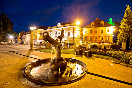 卢布尔雅那广场和喷泉夜景