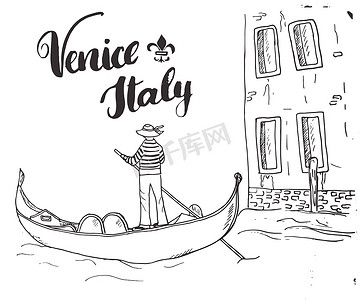 长征手绘摄影照片_意大利威尼斯手绘素描涂鸦船夫和刻字手写标志，垃圾书法文字。