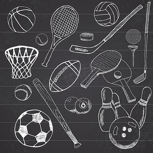 运动球 手绘素描集，包括棒球、保龄球、网球、足球、高尔夫球和其他运动项目。