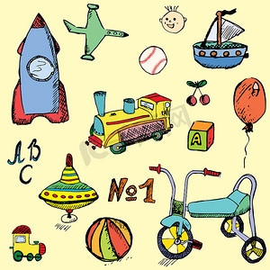 婴儿、儿童玩具设置手绘素描、彩色和轮廓