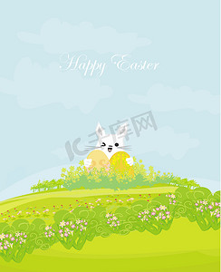 剪鸡蛋摄影照片_快乐的复活节兔子携带鸡蛋的插图