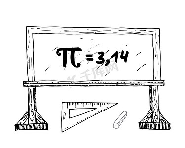 pi摄影照片_Pi 符号手绘图标，Grunge 书法数学符号在学校 blakboard 矢量图上隔离在白色 bacground