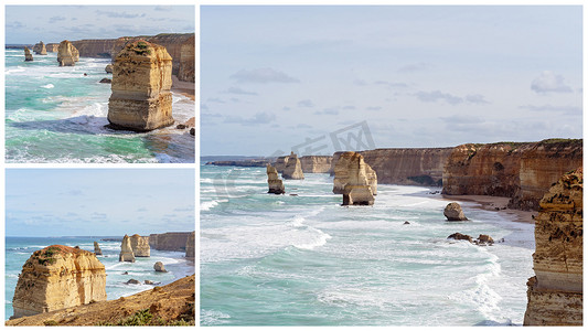 拼棒摄影照片_澳大利亚大洋路著名十二使徒岩的拼贴画